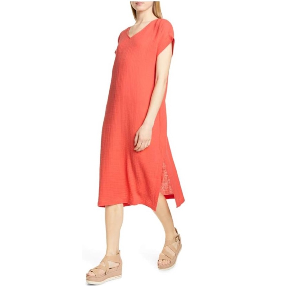 Eileen Fisher Plissé Organic Cotton Lofty Gauze Boho Side-Slit Midi Dress Large